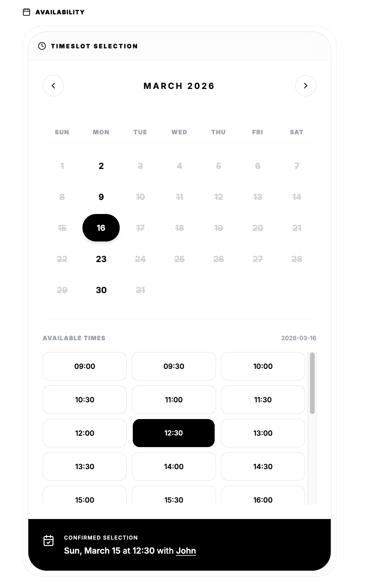 Octobooking client-facing booking page for selecting services, staff, and appointment time slots