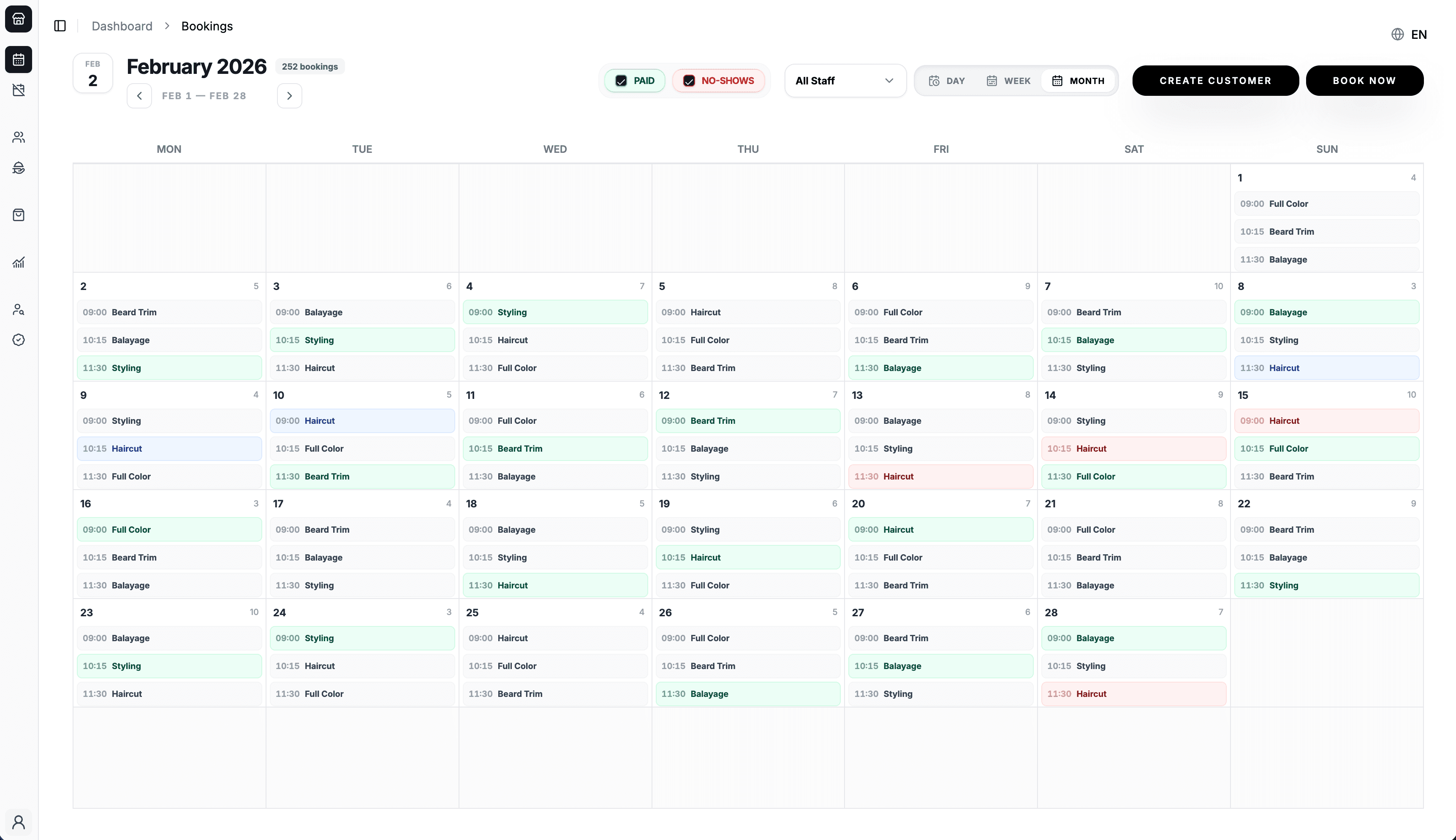 Octobooking appointment calendar showing daily and monthly bookings for a salon or barber shop